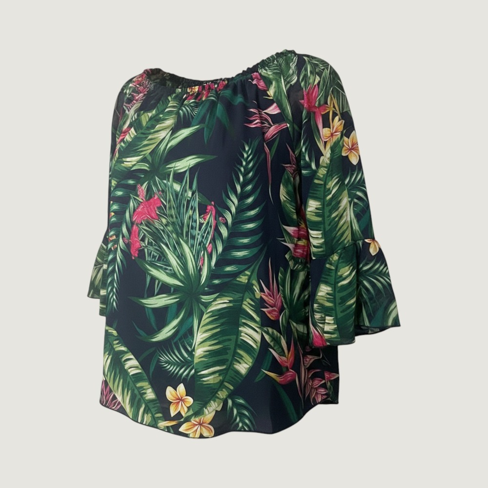Charlie B Tropical Palm Leaf Print Bell Sleeve Blouse Navy Pink Green P/S